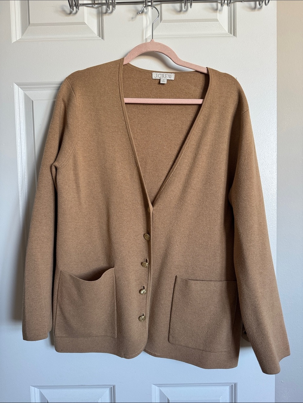 J. Crew Camel Button-Front V-Neck Patch Pocket Cardigan cotton/wool